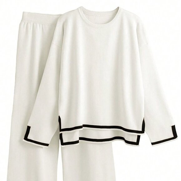 White Casual Women's Color Block Sweater Set - Picture 2 of 8